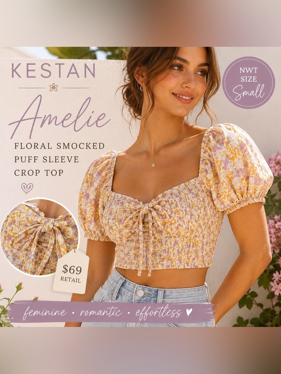 KESTAN Tops - KESTAN Amelie Floral Smocked Puff Sleeve Crop Top NWT Small
